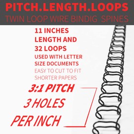Binditek 100P Double Loop Wire Binding Spines, 1/2Inch Binding Wire for Letter Size, 3:1 Pitch, 100 Sheet Capacity, 32-Loop, Black