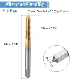 sourcing map 3pcs Straight Flute Thread Tap, M5 x 0.8 Metric Titanium Coated Screw Threading Tapping Tool Thread Milling Machine Taps, High-Speed Steel 6542 (HSS 6542)