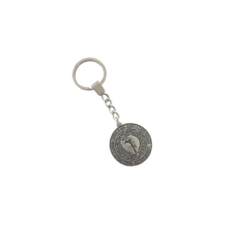 LARGE KEYRING - Viking Disk With Birds - Silver Plated.