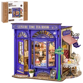 ROBOTIME DIY Miniature House Kit, Bakery Diorama House, Tiny House Kit for Adults, Mini Dollhouse Kit with Furniture Birthday Christmas Craft Hobbies Gift for Family/Friends (Leisure Time Tea Room)