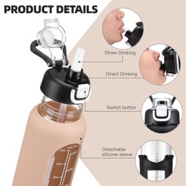 chunmo 32 oz Glass Water Bolttles with Straw Large Motivational Water Bottle with Time Marker Sports Water Bottles with Silicone Sleeve and Handle Lid Water Jug for Gym Workout