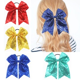 Xansema 6.5 Inches Sequins Hair Bows Elastic Hair Tie Ribbon Large Cheer Bow Ponytail Holder Hair Band for Women Girls Kids Teens (Navy)