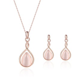 HSAJS Jewellery sets for women Pink Teardrop Pendant Bridal necklace and earring sets Rose Gold Embellished with Opal Fashion Wedding Jewelry Set Gift for Birthday (Pink)