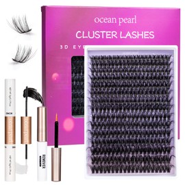 Ocean Pearl Cluster Lashes Thick 200D Volume Eyelash Clusters Kit 300PCS DIY 10-20mm Individual Eyelashes Kit Dramatic Eyelash Extensions Kit Fluffy D Curl Lash Clusters with Bond and Glue-200D