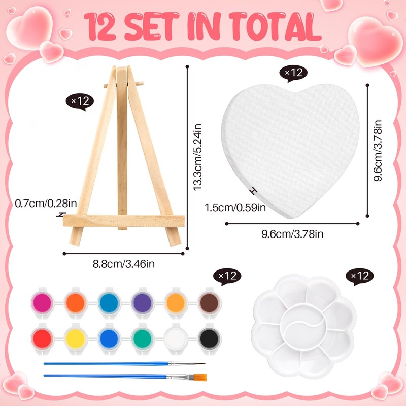 12 Sets Valentine's Day Mini Paint Set with Easel Canvas