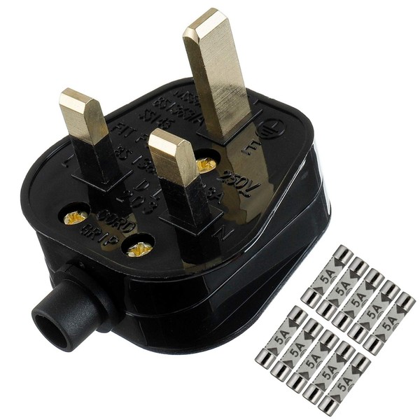 HUAREW 5A Fused Mains Plug With Cord Grip For UK Fuses Black (Pack of 1 pcs ）