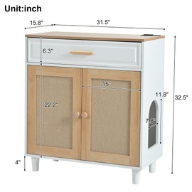MegaChoice Hidden Cat Litter Box Enclosure Furniture, 31.5'' Wood Litter Box Enclosure Cabinet with Charging Socket, Drawer and 2 Sisal Doors, Cat Kitten Side Cabinet