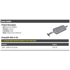 Marketplace Auto Parts Center Muffler - Compatible with 2005-2008 Ford Escape 3.0L V6