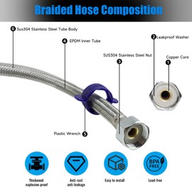 Flexible Tap Connector Pack of 2 Stainless Steel 1/2" X 1/2" Bsp 40cm Braided Plumbing Fittings Corrosion Resistant Toilet Replacement Pipe for Homes Kitchen Bathroom Sink Tap