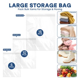 25PCS Reusable Large Travel Clothes Bags Plastic Hospital Bags, Waterproof Ziplock Bags Transparent Large Storage Bag Clear Seal Bags for Clothes Luggage 50X60CM,40X50CM,30X40CM (Without Hole)