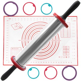 SHIKORI Rolling Pin,Adjustable Rolling Pin with Thickness Rings, Stainless Steel Dough Roller Baking Supplies for Pizza Pastry Fondant Pie Pasta-Red