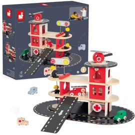 Janod - Bolid Wooden Fire Station - 5 Vehicles Included - Imagination and Fine Motor Skills - Water-Based Paints - 2 Years + J04639