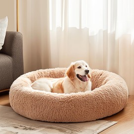 HOMEFLA 30 Inch Round Dog Bed, Washable Cat Bed, Orthopedic Fluffy Fuzzy Pet Bed, Anti-Slip Pet Sofa Mat, Indoors, Brown