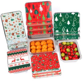 Atonofun 48 Pieces Christmas Foil Containers with Lids, 8 Holiday Designs, Holiday Food Containers, Disposable Cookie Tin Pan for Holiday Leftovers, Xmas Gift-Giving Party Supplies