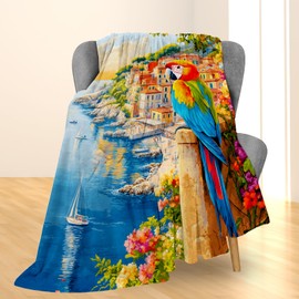 Ti Caldi Parrot on The Seashore Blanket, Soft Cozy Flannel Throw Blanket for Adults Kids Men Women, Lightweight Warm Fuzzy Blankets for Couch, Travel, Bed & Home Decor 60×50 in