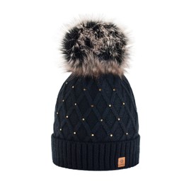 morefaz Worm Winter Knitted Hat Women's Crystal Pebble With Large Fur Pom Pom I SKI (MFAZ Ltd) -