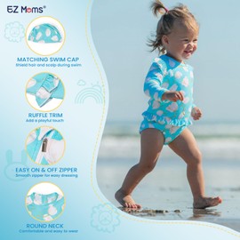 EZ Moms Baby Swimsuit Girl UPF 50+ One Piece Zipper Infant Swimsuit Girl Long-Sleeve Toddler Girls Bathing Suit Ruffle Butterfly Sleeve Baby Beach Swimwear Sunsuit with a Swim Cap (Tulips, 0-6M)