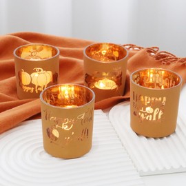 WDHODEC Fall Candle Holders Orange Votive Candle Holders for Thanksgiving Party, Bedroom, Kitchen, Table Décor Fall Decorations Indoor