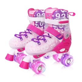 Girl Roller Skates, 4 Size Adjustable, All 8 Light up Wheels Rose Roller Skates for Girls Boys Women, Fun Illuminating Rollerskates for Kids Ages 8-12, Beginners Sports