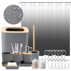 Bathroom Set - Grey Bathroom Accessories Set, 22PC Bathroom Accessory Set with Shower Curtain, Soap Dispenser, Toilet Brush, Trash Can, Grey Bathroom Accessories Sets Complete for Housewarming