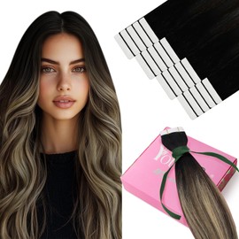 YoungSee Tape in Hair Extensions Real Human Hair Black Ombre Tape in Extensions Black Ombre Dark Brown with Blonde Tape ins Human Hair Extensions Balayage 18In 20pcs Invisible Tape Hair Extensions 50g