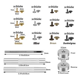 360 Sets Leather Rivets Set 4 Colours Double Cap Rivets for Leather 3 Sizes with Rubber Hammer Installation Tool Set 4 Pieces for DIY Leather Crafts, Clothing, Shoes, Decoration and Repair