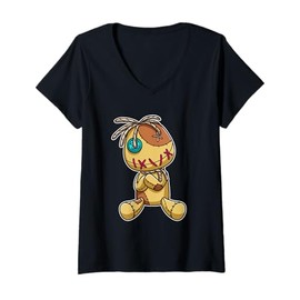 Womens Cute Creepy Voodoo Doll Button Eye Stitch Plush Graphic V-Neck T-Shirt