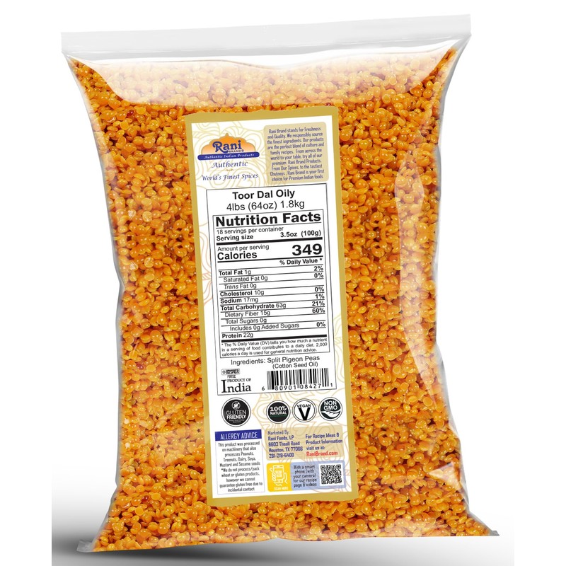 Rani Toor Dal (Split Pigeon Peas) Oily, 64oz (4lbs) 1.81kg