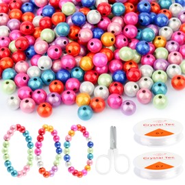 About 250 Pcs 8mm Miracle Beads, Round Laser Reflective Spaced Beads with Elastic Cord and Children's Scissors, Acrylic Bracelet Beads for Jewellery Making