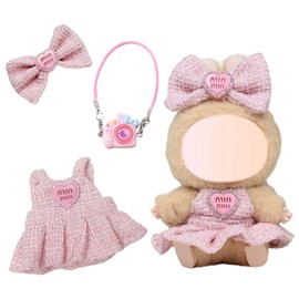 3 Pcs Doll Clothes Compatible with 17cm Plush Dolls, Light Pink Set Include 1 Halter Dress 1 Bow Hair Clip 1 Bag for Dolls Premium Outfit, for Girls Boys Kids Birthday Gifts, No Doll