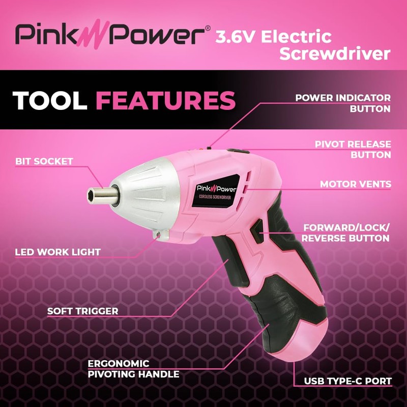 Pink Power Cordless Screwdriver Set - 3.6V Electric Screwdriver Rechargeable