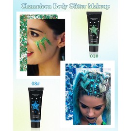 2 Pcs Body Glitter Gel, Blue Green Face & Hair Glitter Gel, Sequins Shimmer Liquid Eyeshadow, Chunky Laser Flash Powder Cosmetic, Singer Concerts Festival Rave Accessories, Mermaid Glitter Face Paint