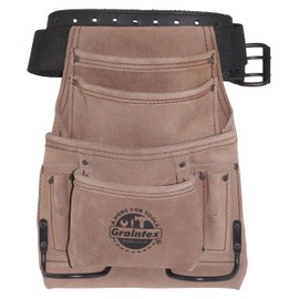 Graintex SS2270 10 Pocket Nail & Tool Pouch Beige Color Suede Leather with 2” Leather/Webbing Belt for Constructors, Electricians, Plumbers, Handymen