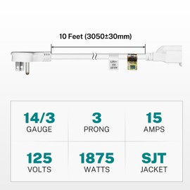 FIRMERST 1875W 10 Feet Extension Cord Heavy Duty Low Profile White 15A