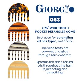 Giorgio G63 Wide Tooth Detangling Comb, Pocket and Travel Comb for Thick Hair, Hair Detangler for Wet and Dry Everyday Care. Handmade, Saw-Cut, and Polished