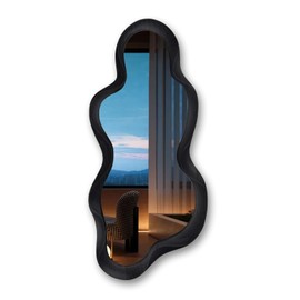 osemy 30"x 14" Irregular Wall Mirror, Wooden Black Framed Wall Mirror, Asymmetrical Wavy Wall Mirror for Living Room Bedroom Entryway Bathroom Modern Decorative Mirror with Hanging Hooks