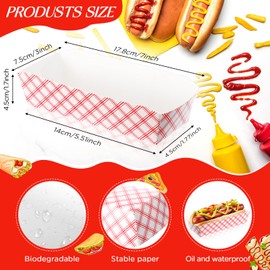 Yeaqee 100 Pcs 7" Paper Hot Dog Trays Red White Pattern Disposable Paper Food Nacho Boats Hot Dog Holders Hot Dog Plates Disposable Serving Trays for Carnivals, Parties, Dinner, Cookouts