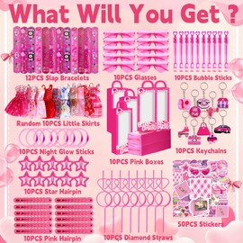 CHOOHC 152pcs Pink Party Favors for People, Birthday Party Favors Kit Keychain Bracelet Bubble Stickers Straws Heart Sunglasses Little Skirt Hot Pink Princess Birthday Party Supplies