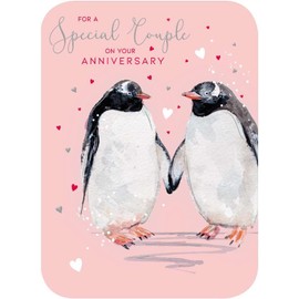 Noel Tatt General 'Special Couple' Wedding Anniversary Card - Penguin Couple and Love Hearts with Silver Foil and Die Cut Corners - Eco-Friendly and Recyclable - Made in England