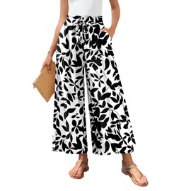 Bestbee Womens Palazzo Pants Dressy Casual Wide Leg Slacks Elastic Waist Business Flowy Pants with Pockets, L, Black Leaf-White