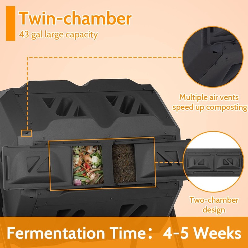 Capacmkseh 43 Gallon Compost Bin Outdoor With Dual Chamber Sliding
