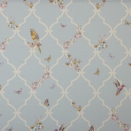 Kt KILOtela - Digital Printed Canvas Fabric, Half Panama Organic Cotton, Decoration, Upholstery, Cushions, Tablecloths, 100 cm Length x 280 cm Wide, Voyage, Birds, Blue - 1 m