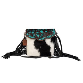 Myra Bag female Aqua Hand-Tooled Bag Upcycled Cotton & Cowhide Leather S-2856