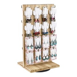 Ikee Design Wooden Rotating Two-Sided Jewelry Display Stand, Rotating Organizer with 32 Hooks for Store, Keychain Earring Display with Long Hooks, Oak Color, 9.1W x 7.5 D x 17.1 H in