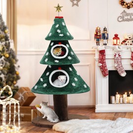 DWVO 52" Christmas Cat Tree with 2-Storey Cat House, Cat Tower with Cat Teaser Plaything for Indoor Cats, Cat Furniture for Christmas Decoration