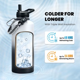 RAYMYLO Insulated Water Bottle 87 oz, Triple Wall Vacuum Stainless Steel (Cold for 48 Hrs), Leak Proof & Non-BPA, Modern Water Flask Jug with Paracord Handle & Straw Spout Lids, Ombre: White/Black