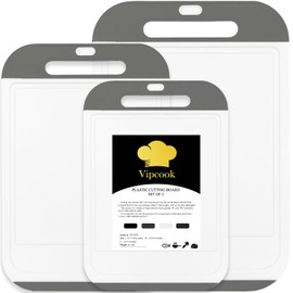 Vipcook Plastic Cutting Boards for Kitchen 3Pcs Set Larger Chopping Board Dishwasher Safe with Easy Grip Handle Juice Grooves 100% BPA Free Non-Slip Knife friendly Meat, Vegetables,Fruit (Gray/White)