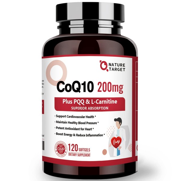 NATURE TARGET CoQ10-200mg with PQQ L-Carnitine & Omega-3s, High Absorption Coenzyme-Q10 with BioPerine, Supports Heart and Immune System, Energy Production, 120 Servings