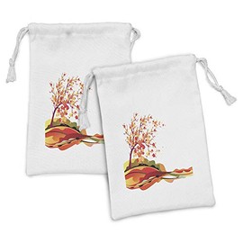 Lunarable Abstract Fabric Pouch Set of 2, Autumn Tree Leaves Blossoming Cherry Sakura Branch Holiday Travel Destinations, Small Drawstring Bag for Toiletries Masks and Favors, 9" x 6", Multicolor