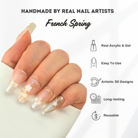 Hanakoko Handmade Press-On Nails, Floral Designs with Glitter and Pearls, Coffin Shape Press-on Nails Reusable 10 Pcs (French Spring, M)